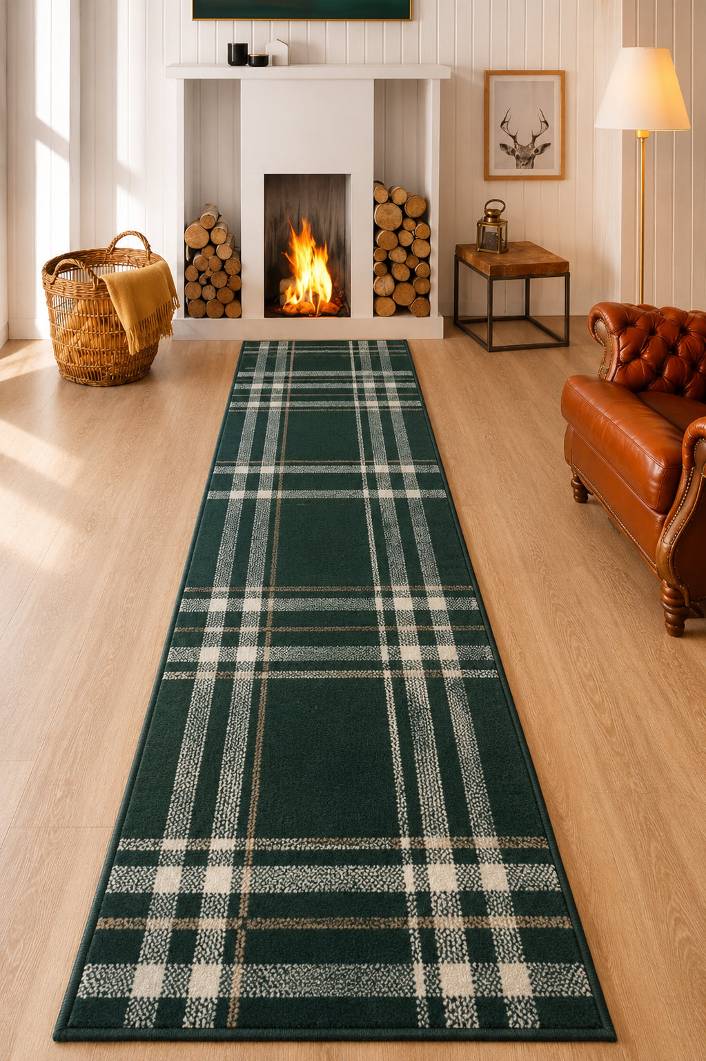 Green tartan runner rug with classic check pattern design.