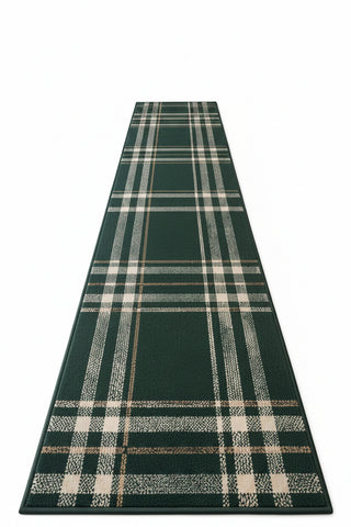 Green plaid runner rug adding warmth and character.