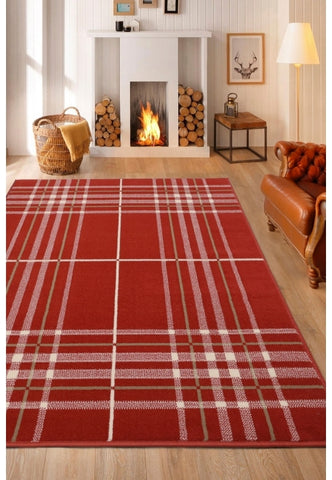 Red tartan rug with classic check pattern design.