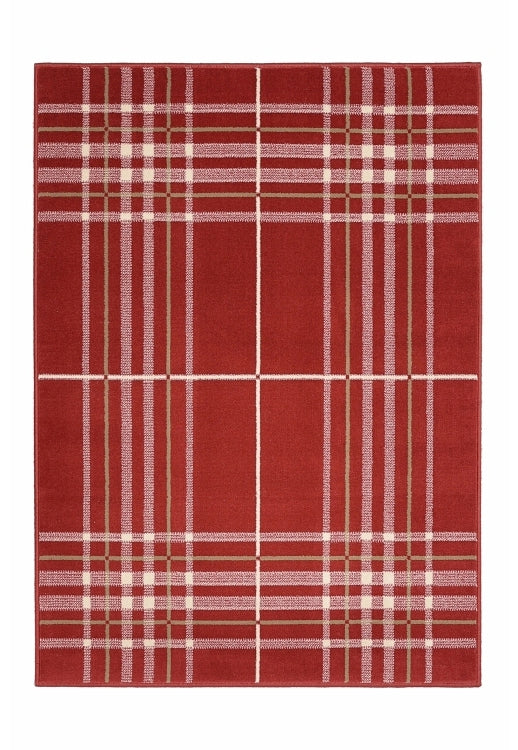 Plaid rug in rich red tones for traditional interiors.