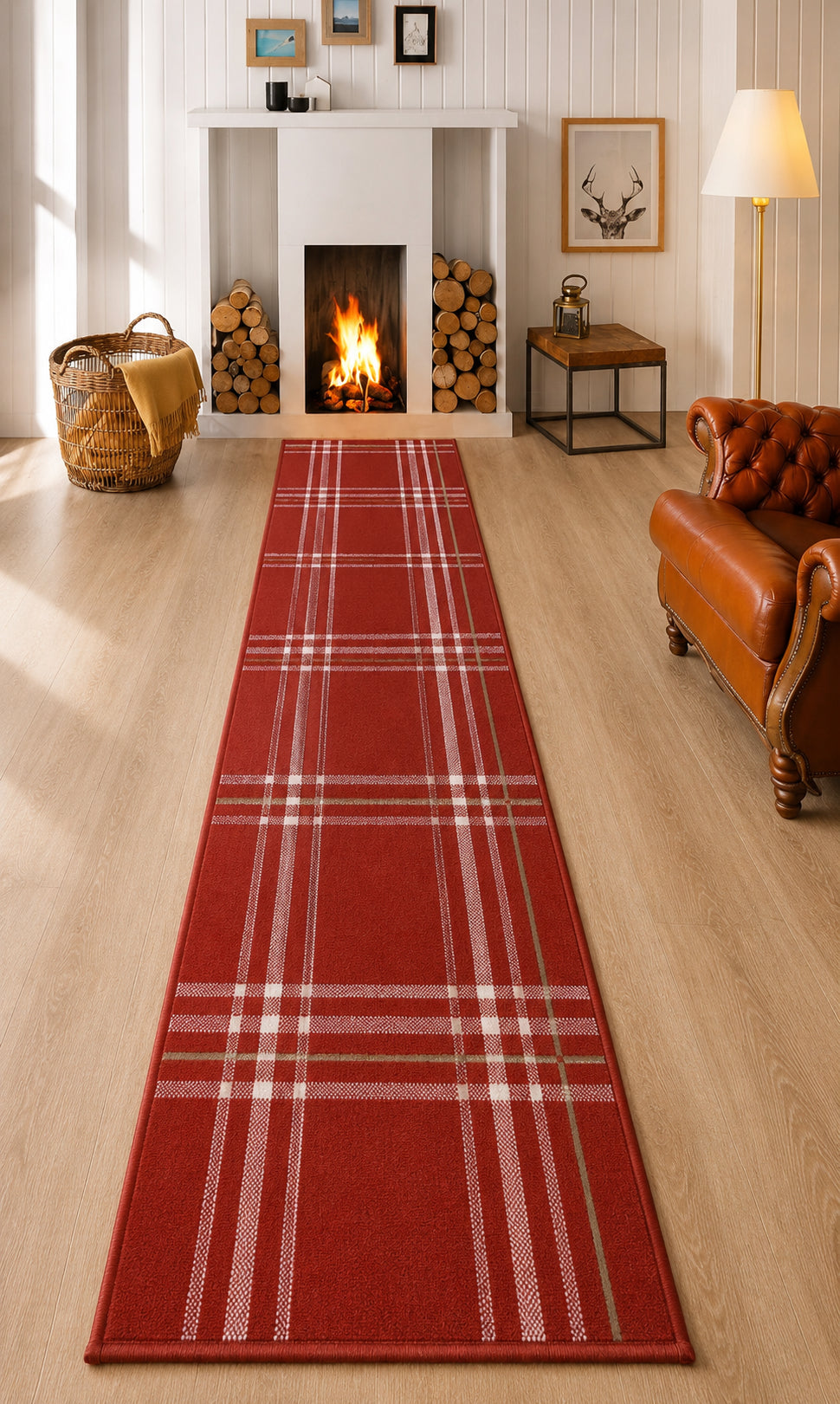 Red tartan runner rug with classic check pattern design.