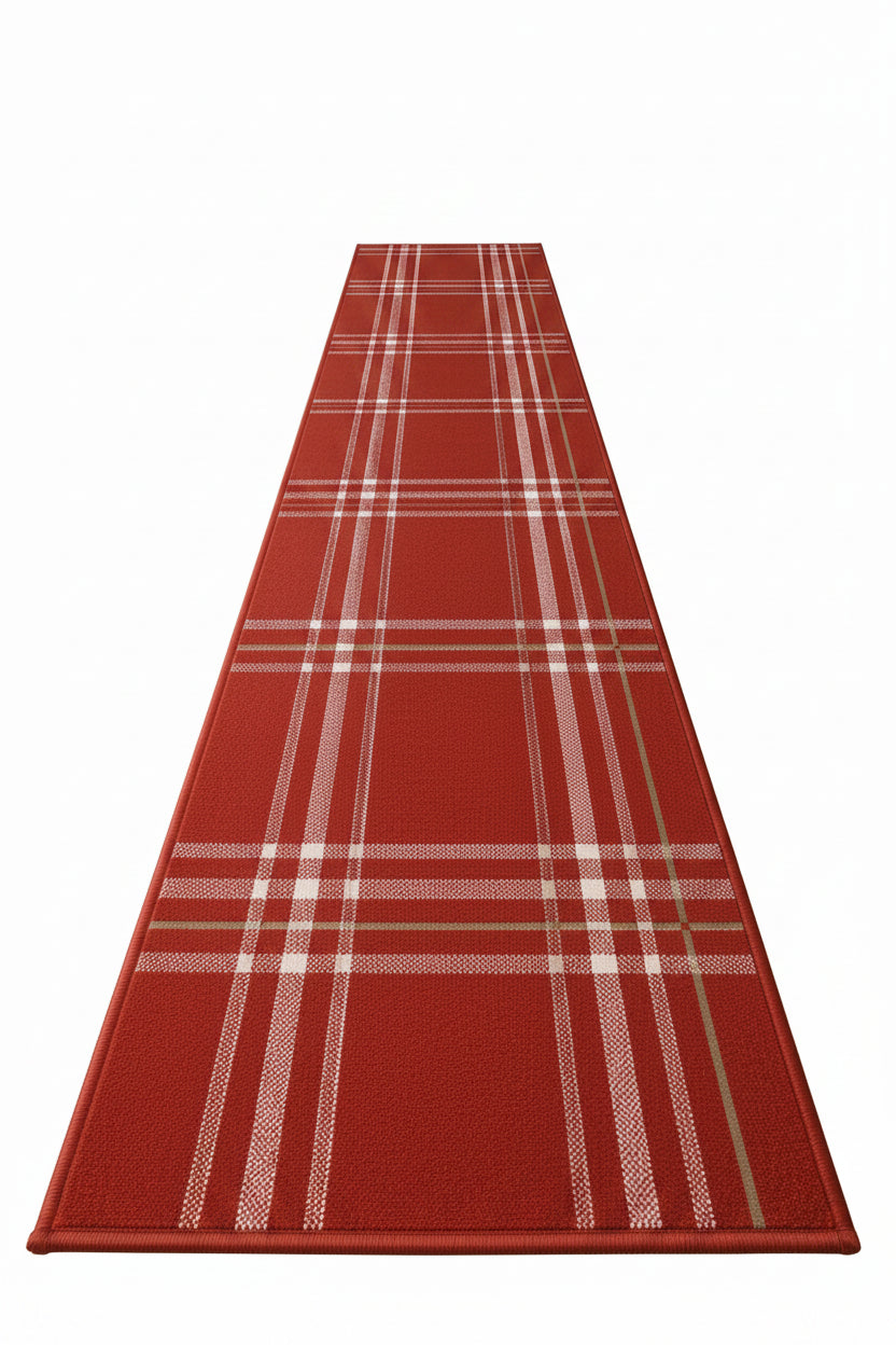 Hallway runner with traditional tartan plaid in red tones.