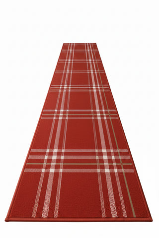 Hallway runner with traditional tartan plaid in red tones.