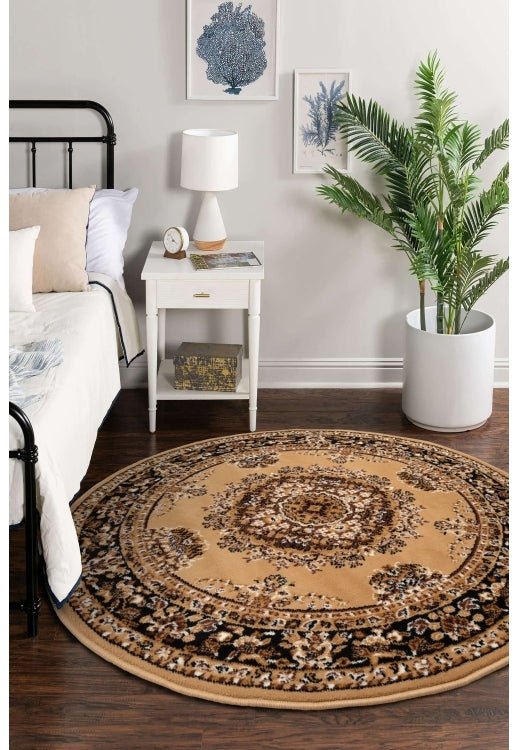 Round Berber rug with subtle geometric pattern design.