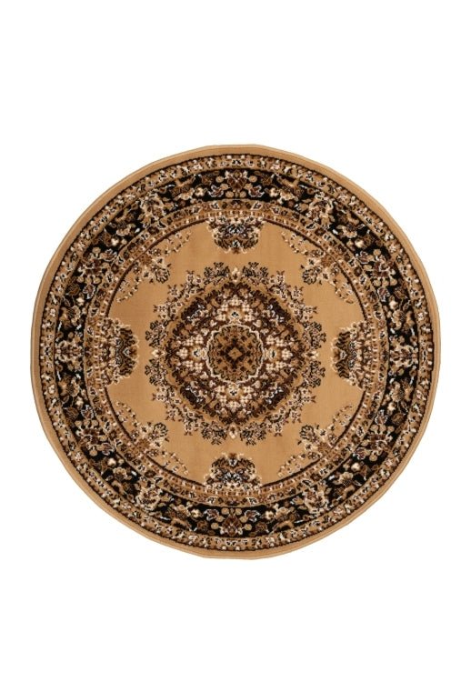 Circular rug with ethnic inspired geometric texture.