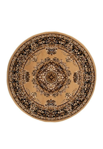 Circular rug with ethnic inspired geometric texture.
