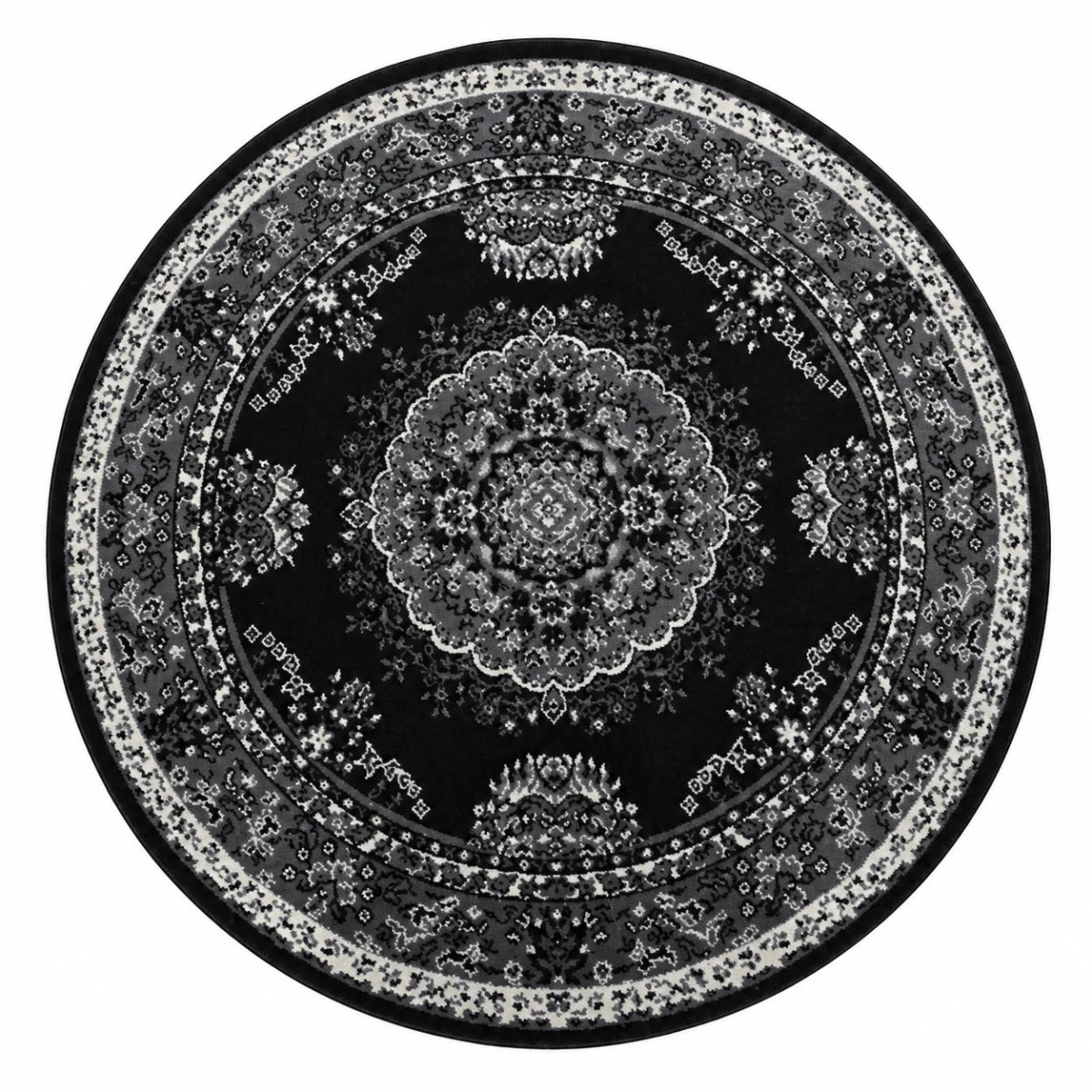 Round geometric rug for contemporary interiors.
