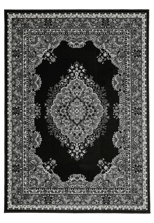 Modern rug with contrasting black and grey tones.