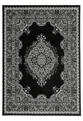 Modern rug with contrasting black and grey tones.