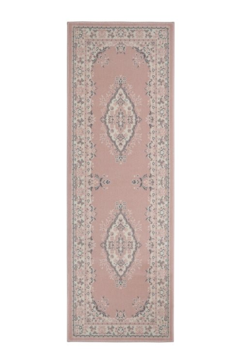 Hallway runner in delicate pink tones.