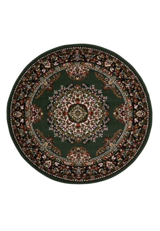 Circular rug in rich green tones for elegant interiors.