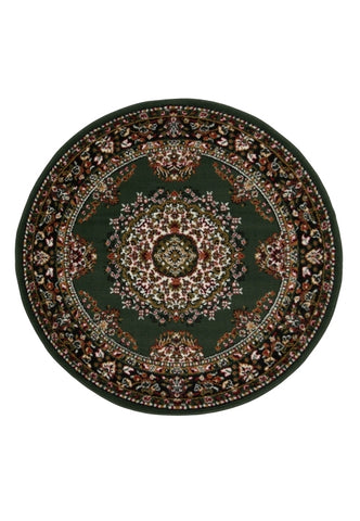 Circular rug in rich green tones for elegant interiors.