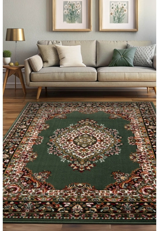 Green rug with timeless traditional design.