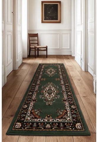 Green runner rug with timeless traditional design.