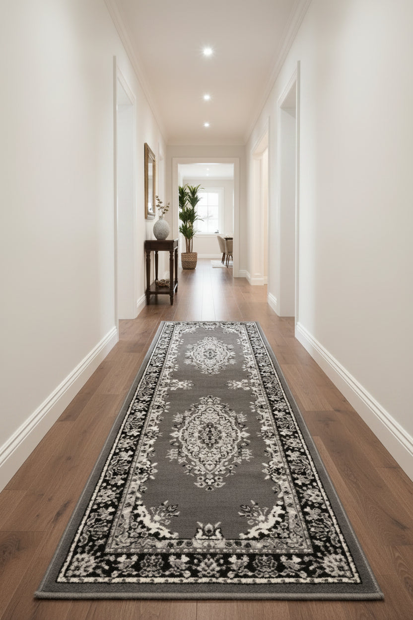 Grey runner rug with timeless traditional design.