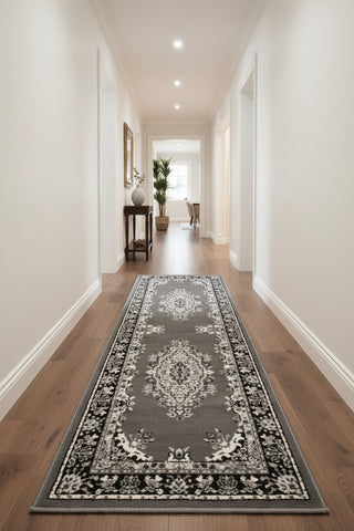 Grey runner rug with timeless traditional design.