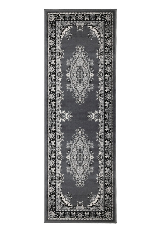 Durable grey runner rug with soft pile finish.
