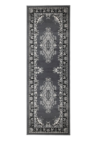 Durable grey runner rug with soft pile finish.