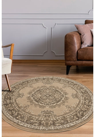 Round natural rug with timeless traditional design.