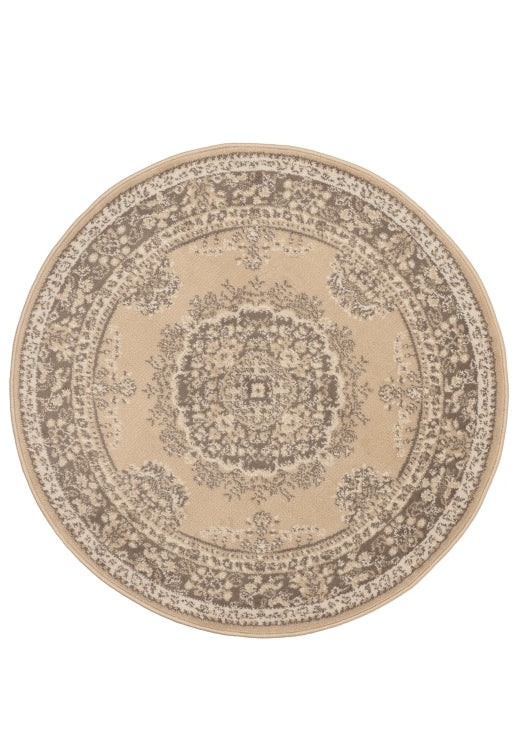 Circular rug in warm neutral tones for elegant interiors.