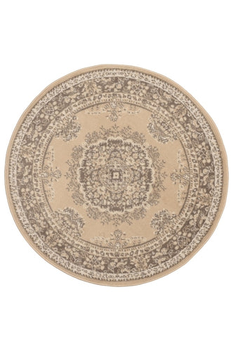 Circular rug in warm neutral tones for elegant interiors.