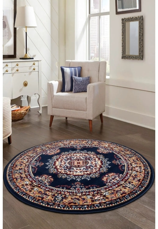 Round navy rug with timeless traditional design.
