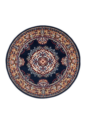 Circular rug in rich navy tones for elegant interiors.