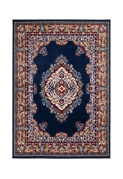 Dark blue rug adding depth and elegance to interiors.
