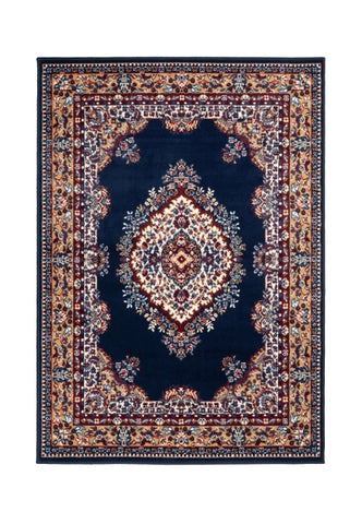 Dark blue rug adding depth and elegance to interiors.