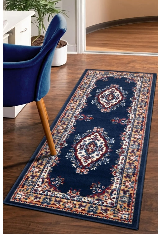 Navy runner rug with timeless traditional design.