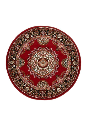 Circular rug in rich red tones for elegant interiors.