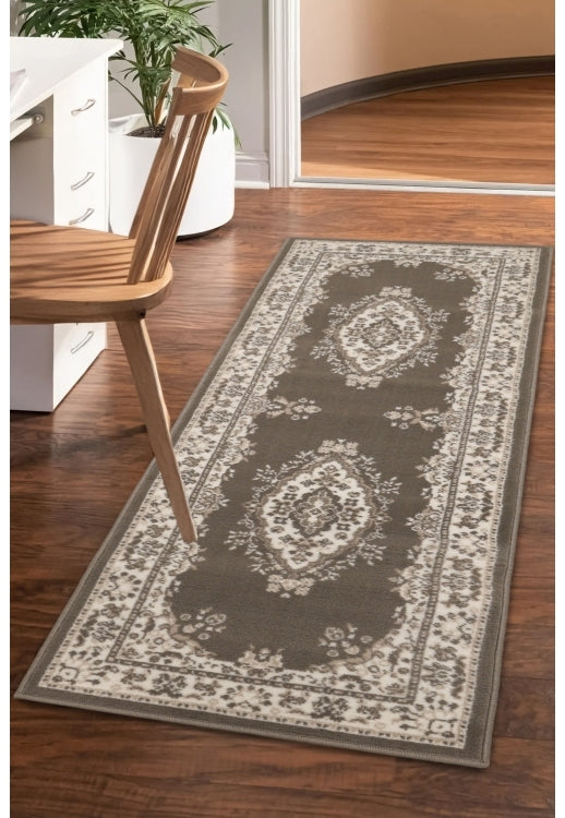 Taupe runner rug with timeless traditional design.