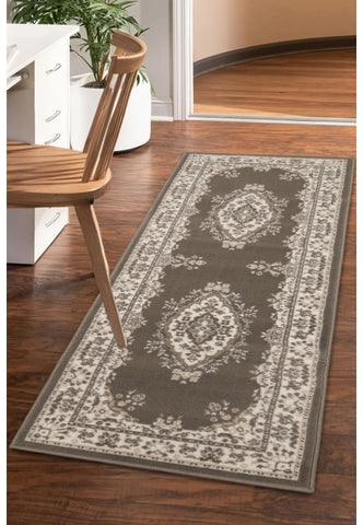 Taupe runner rug with timeless traditional design.
