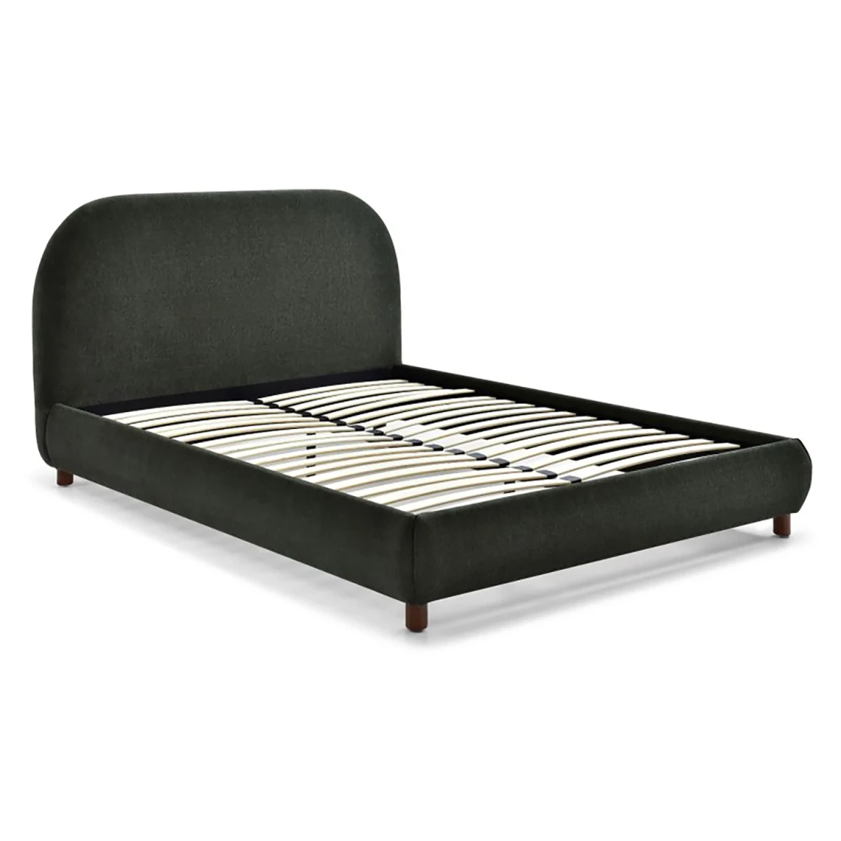Mallow Olive Boucle Fabric Upholstered Bed with Walnut Legs