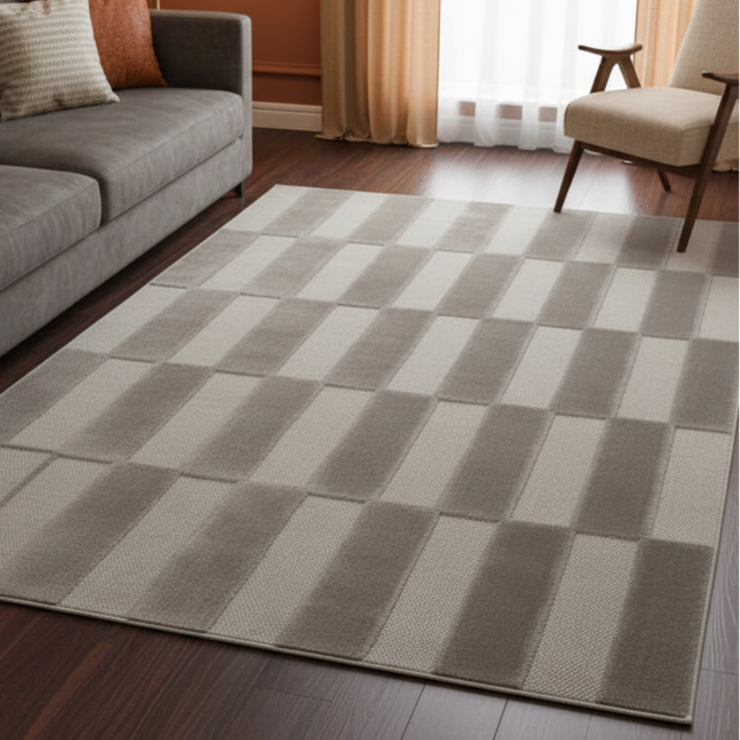Grey rug with modern block pattern and textured design.
