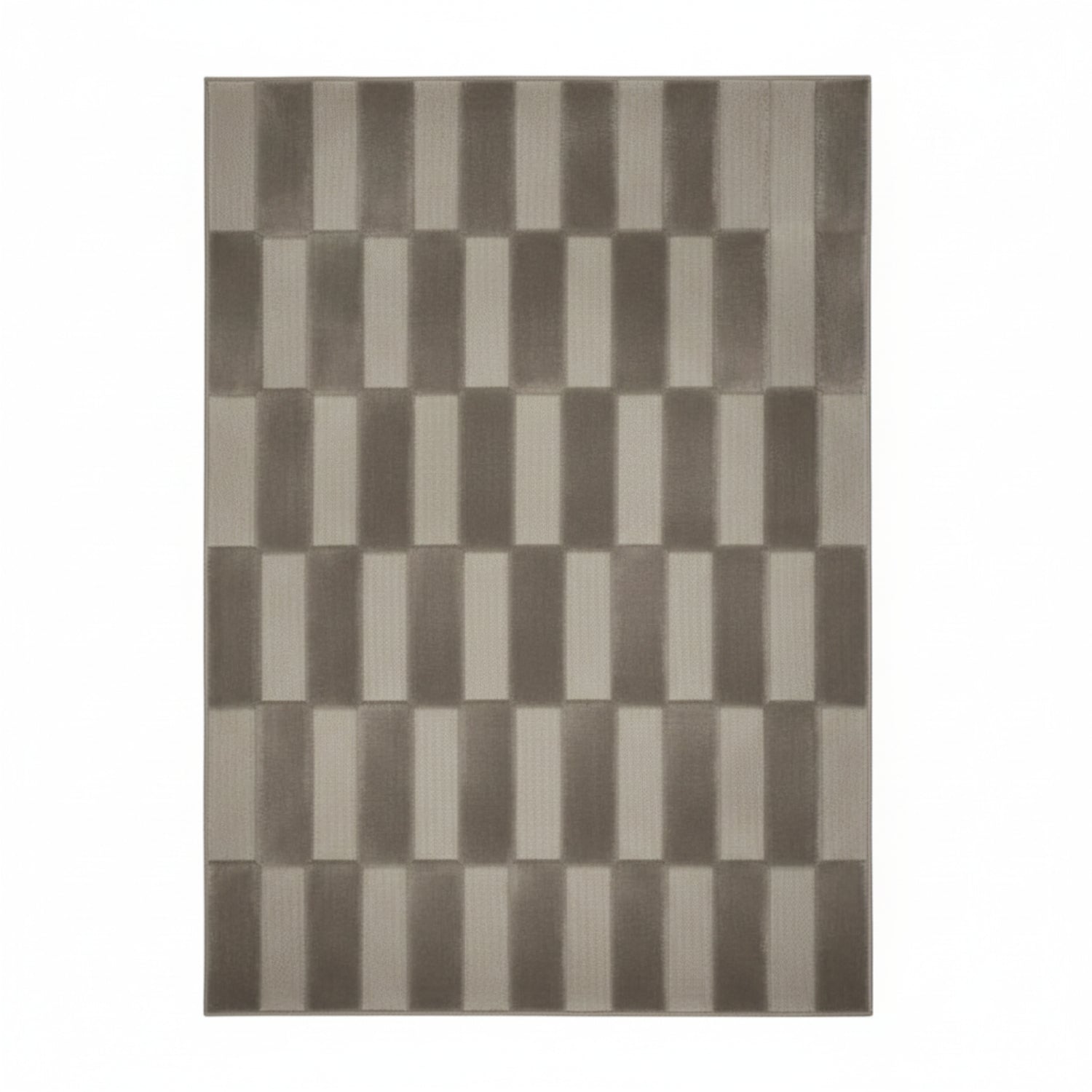 Grey rug with modern block pattern and textured design.