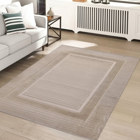 Natural rug with modern tone on tone border design.