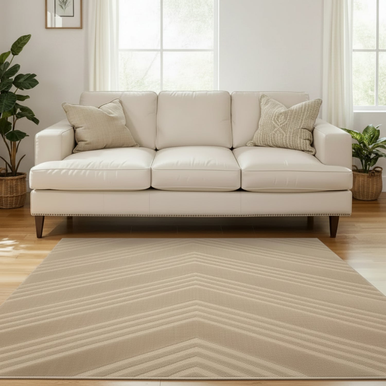 Textured rug with chevron pattern and 3D effect.