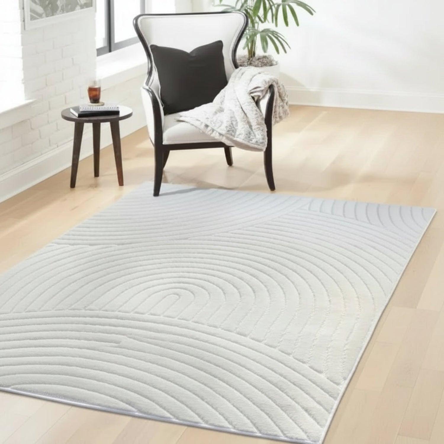 Modern rug with flowing curved pattern and subtle design.