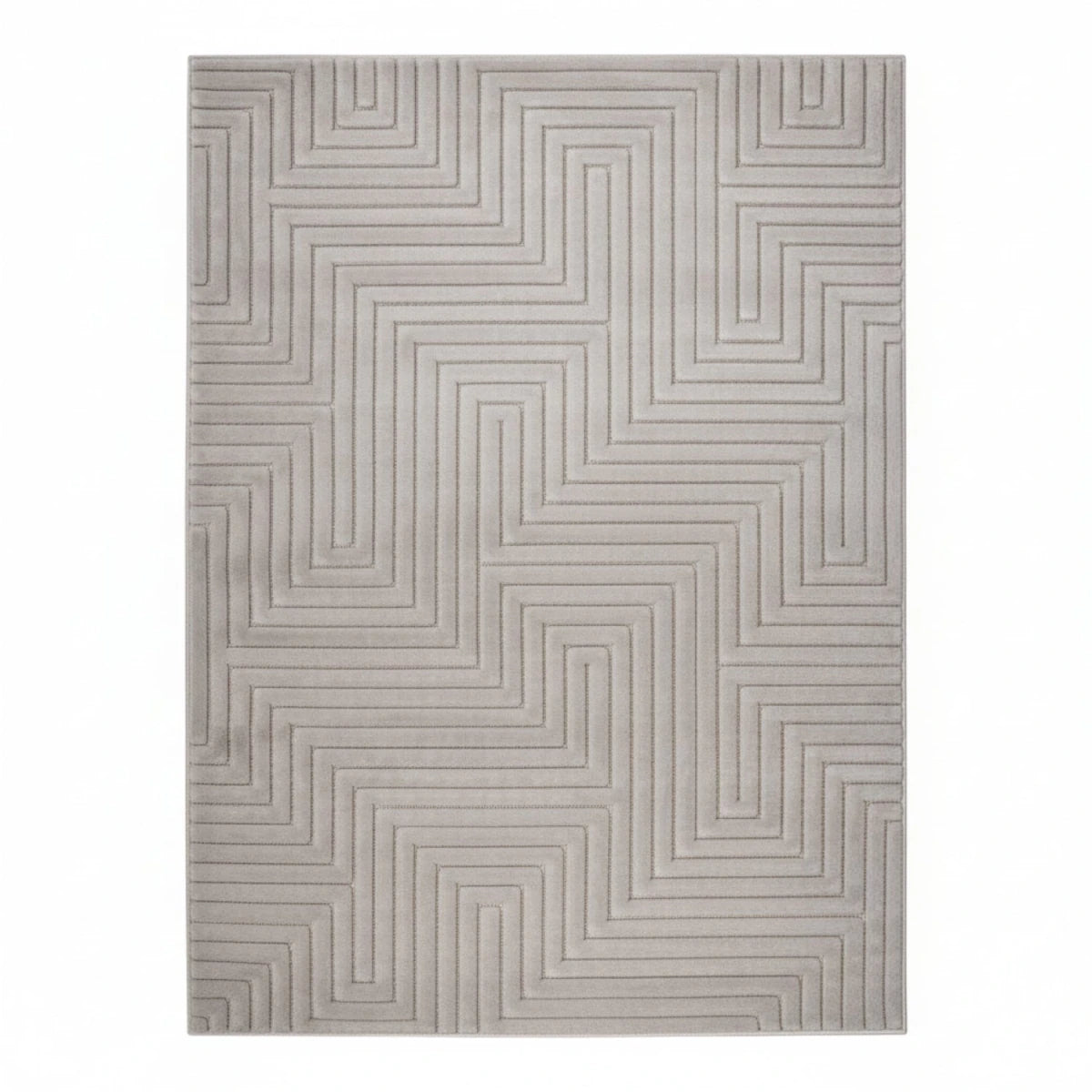 Modern grey rug with intricate geometric maze design.