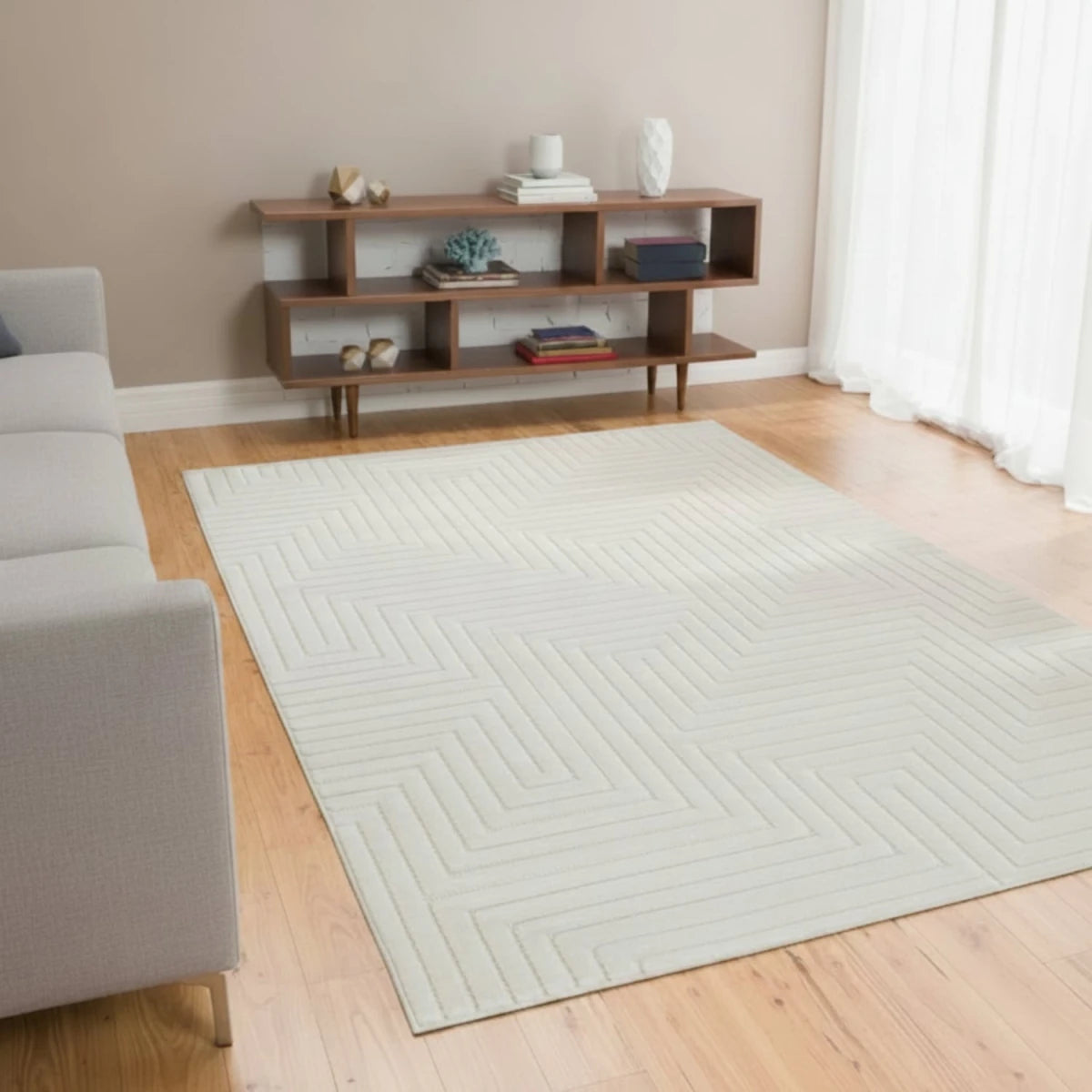 Contemporary rug with tone on tone maze detailing.