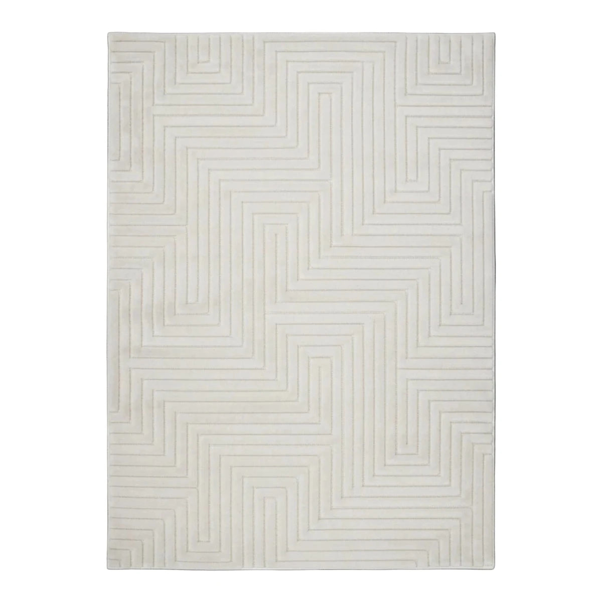White rug with modern maze pattern and geometric design.
