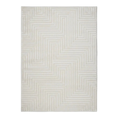 White rug with modern maze pattern and geometric design.
