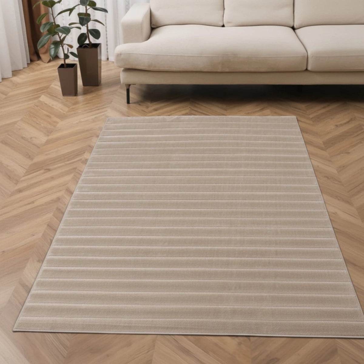 Natural rug with modern striped pattern and subtle design.