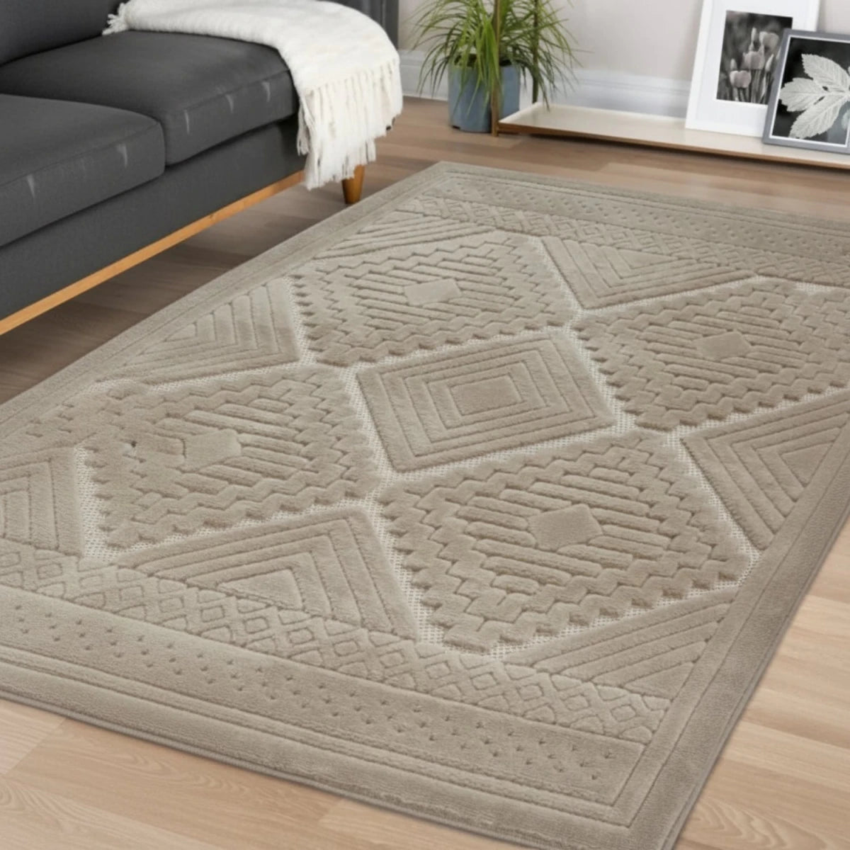 Natural rug with tribal inspired pattern and modern design.