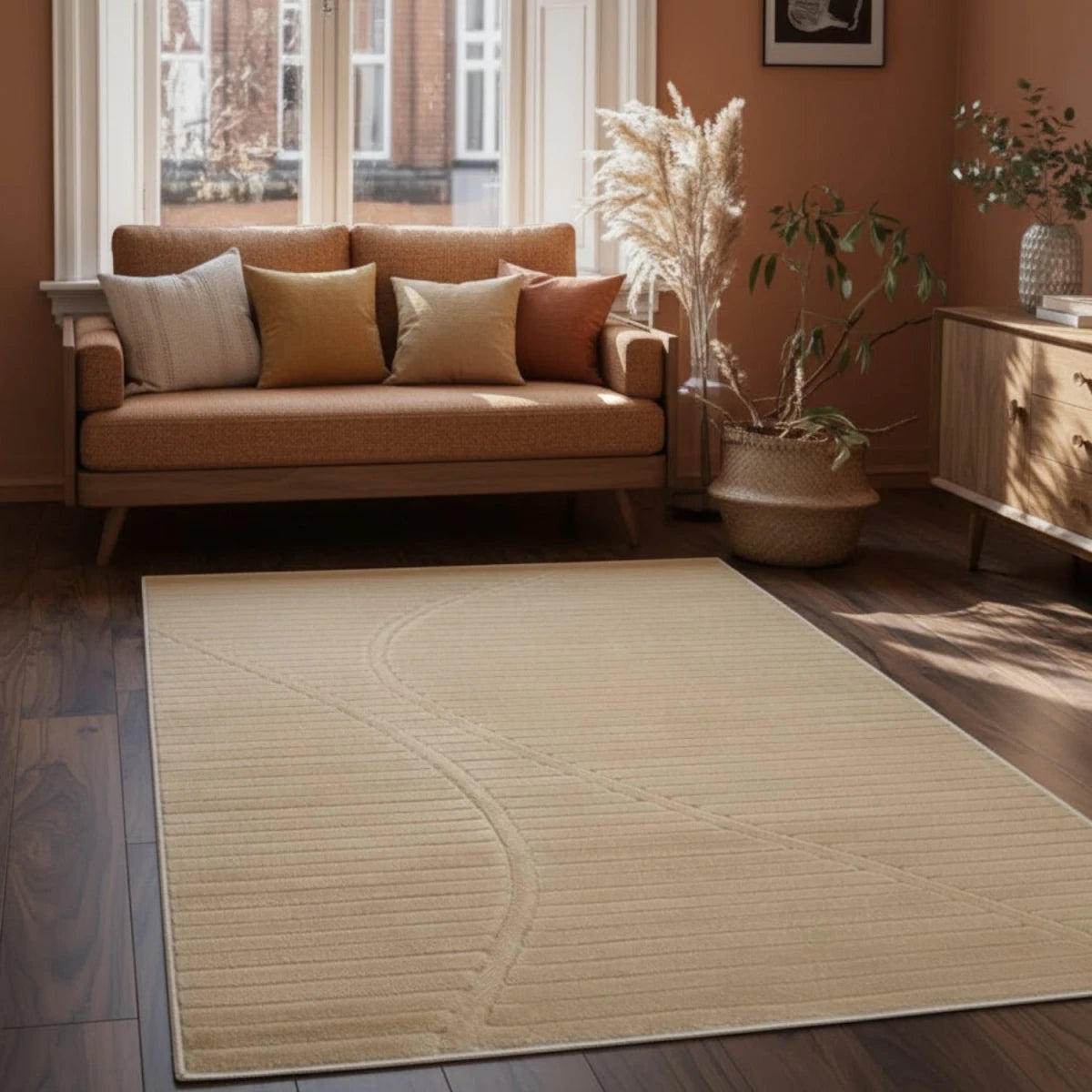 Natural rug with modern wave pattern and flowing design.