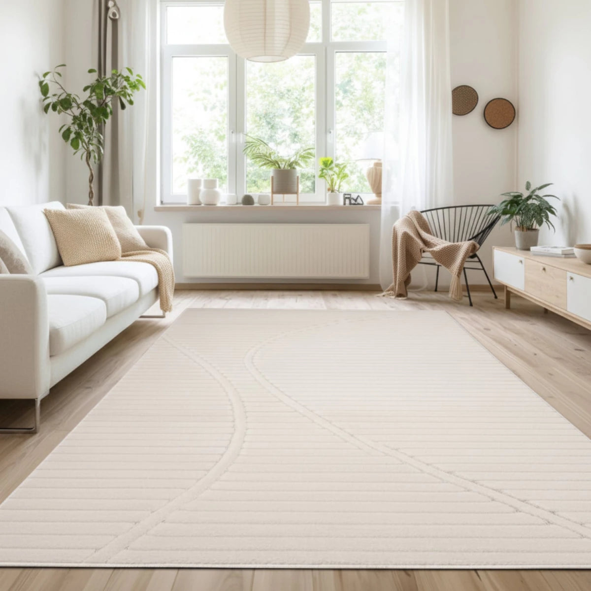 White rug with modern wave pattern and flowing design.