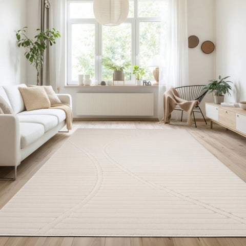 White rug with modern wave pattern and flowing design.