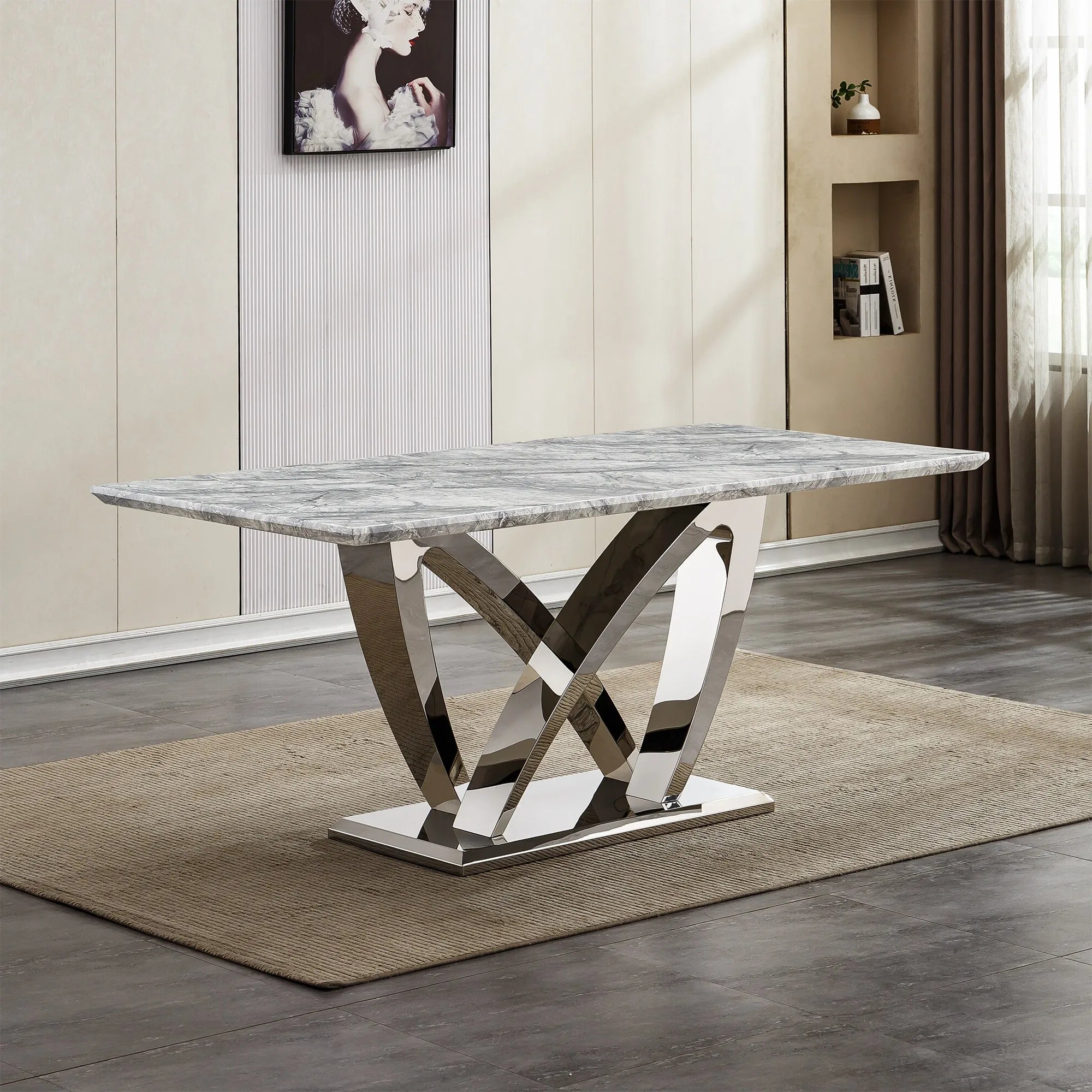 Marbella Grey Marble Dining Table with Chrome Base - Pendle Village Furniture