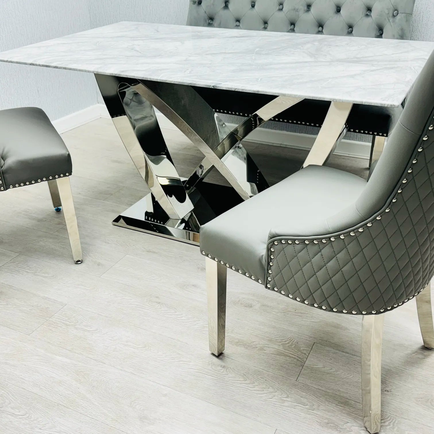Marbella Grey Marble Dining Table with Chrome Base - Pendle Village Furniture